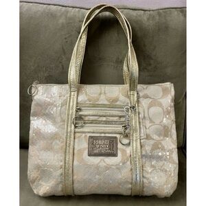 ✨COACH Special Edition Signature Poppy Sequin Tote Bag Gold Cream Leather RARE✨